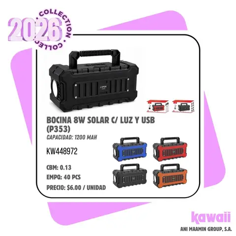 BOCINA 8W SOLAR C/ LUZ Y USB (P353)
