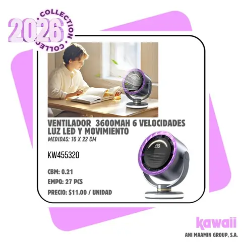 VENTILADOR 3600MAH 6 VELOCIDADES LUZ LED Y MOVIMIENTO