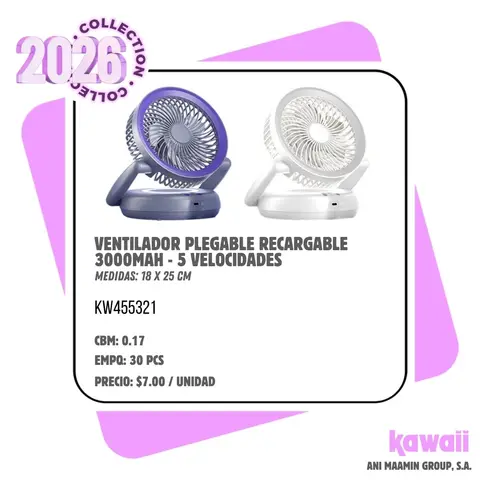 VENTILADOR PLEGABLE RECARGABLE 3000MAH - 5 VELOCIDADES