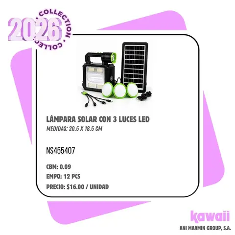 LÁMPARA SOLAR CON 3 LUCES LED
