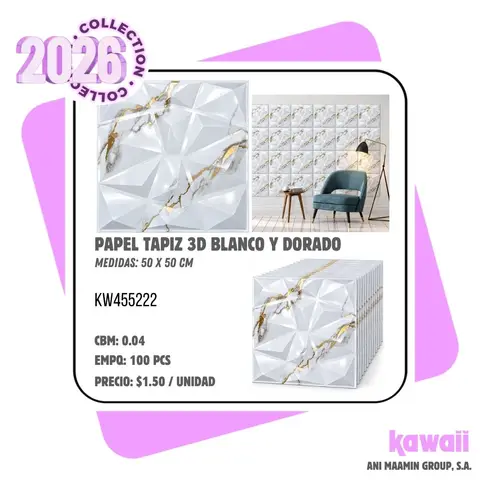 PAPEL TAPIZ 3D BLANCO Y DORADO
